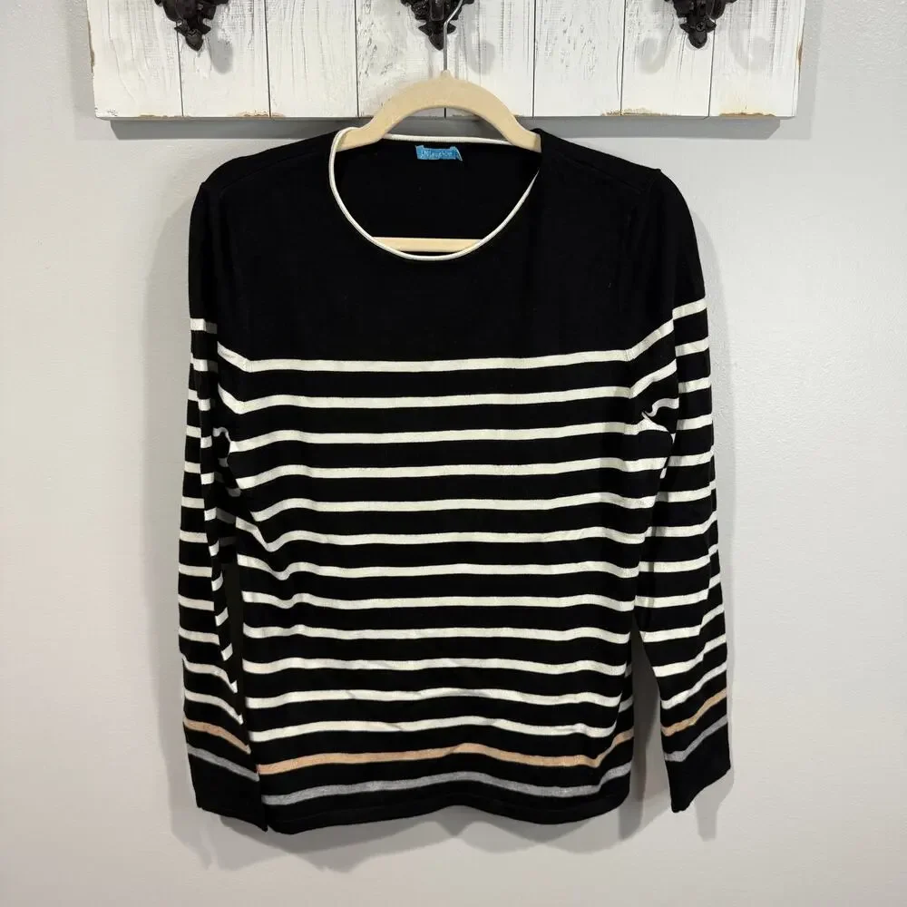 J McLaughlin Black White Striped Sweater Womens Large EUC